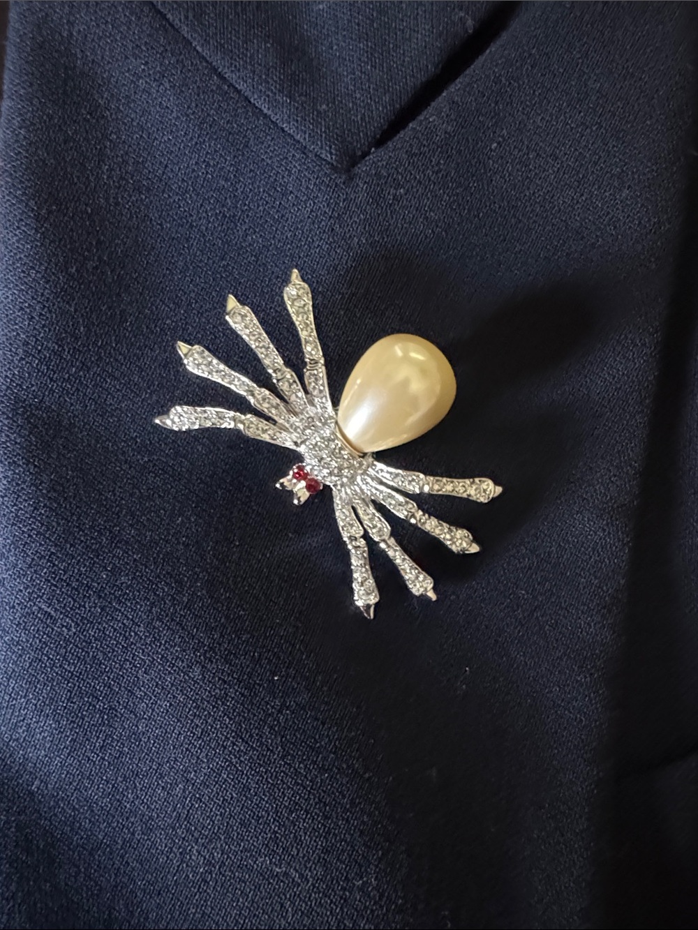 Kenneth Jay Lane Silver-Tone Spider Brooch with Cream Pearl and Red Accent